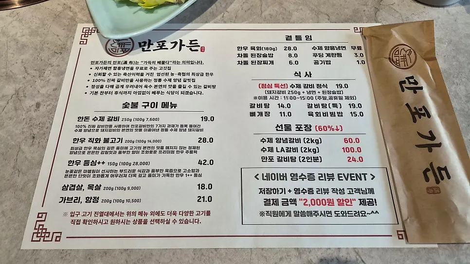 Menu and prices on the tabletop tablet ordering screen