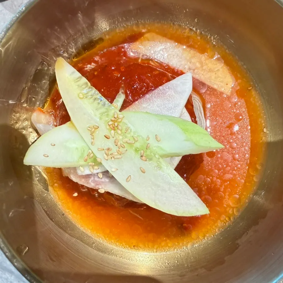 A bowl of Manpo Garden's handmade water naengmyeon