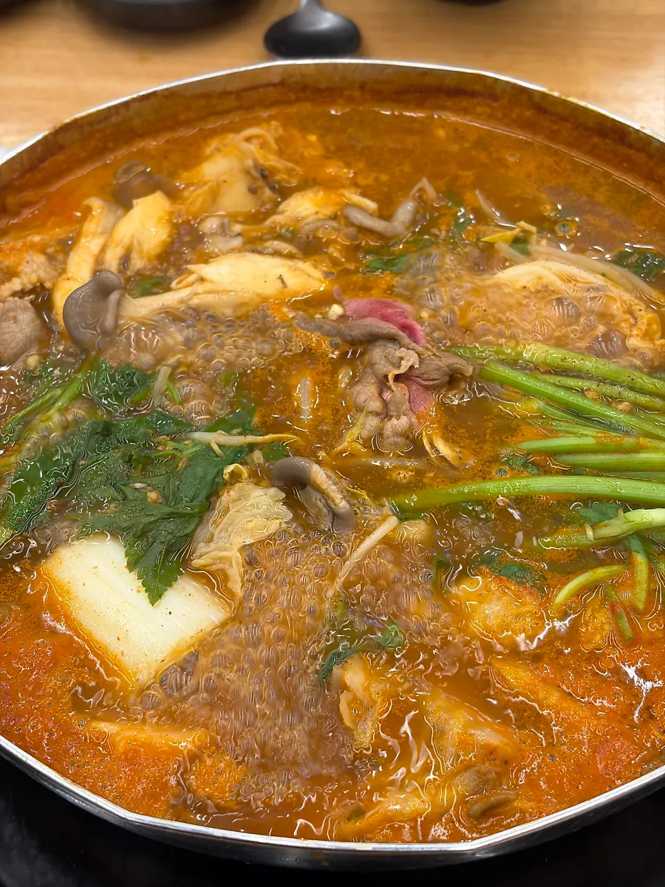 Spicy beef shabu-shabu with minari and vegetables