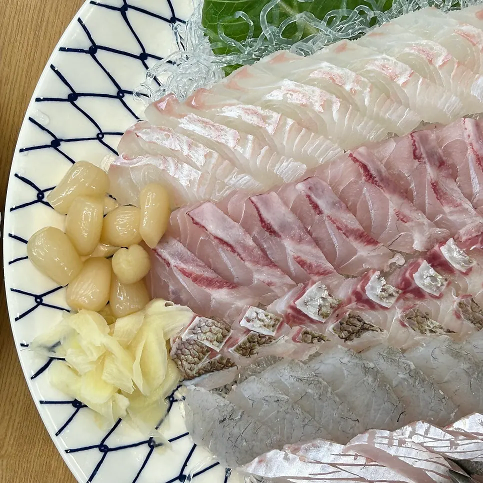 ヒラメ、スズキ、カンパチ、タイが混ざった盛り合わせ刺身