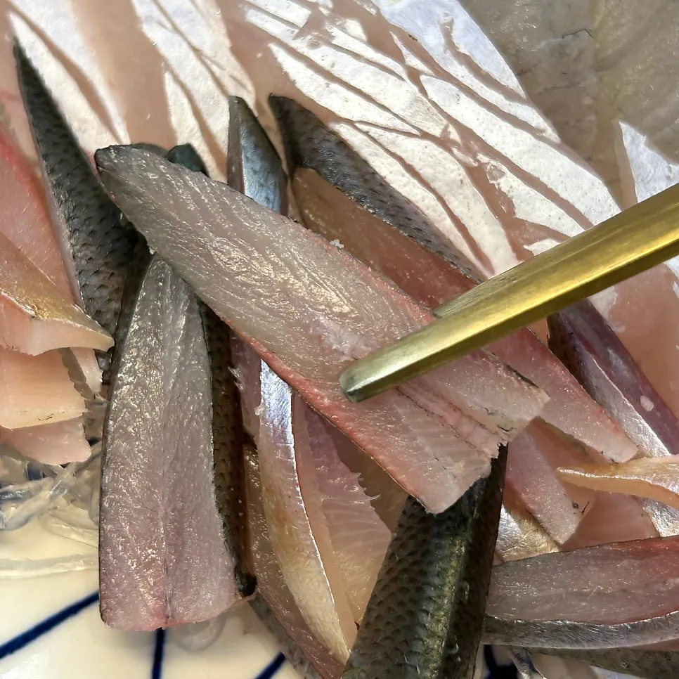 コノシロ刺身をつまんでいる様子