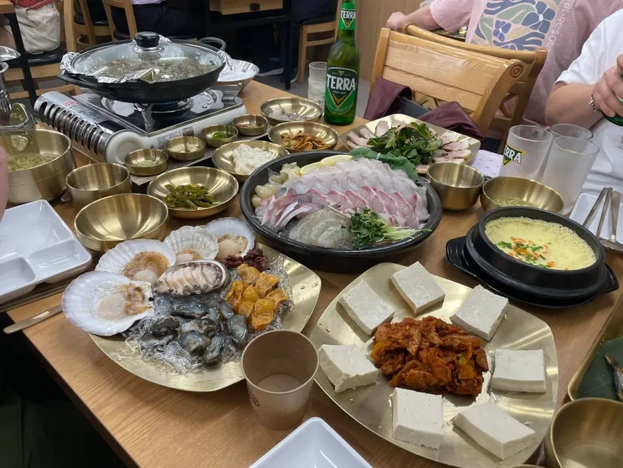 Seafood spread enjoyed with soju