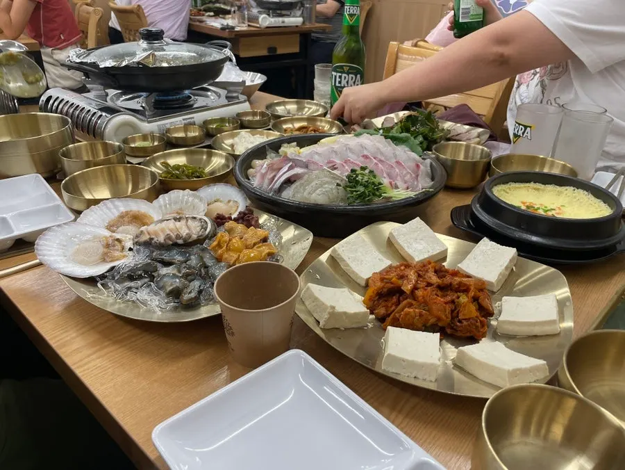 The generous set spread, partly eaten