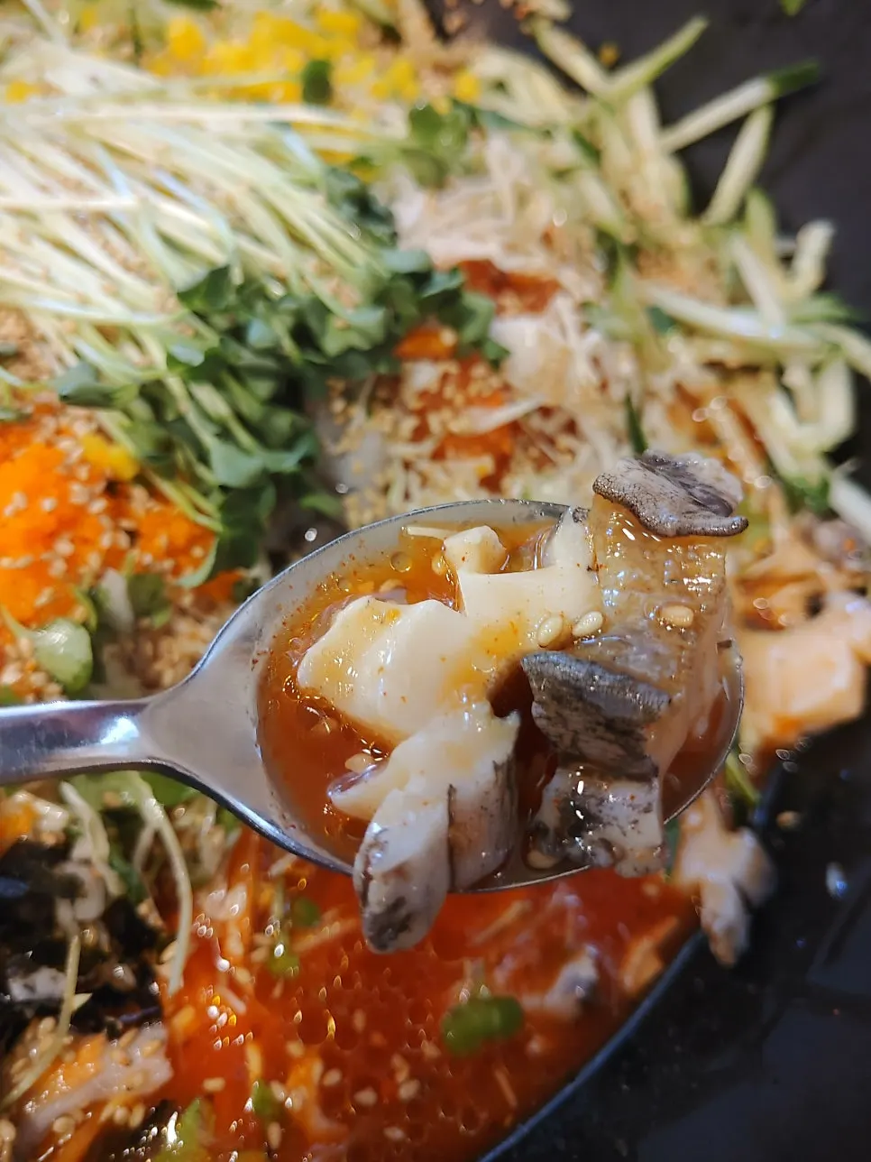 물회 위에 올라간 전복과 산낙지
