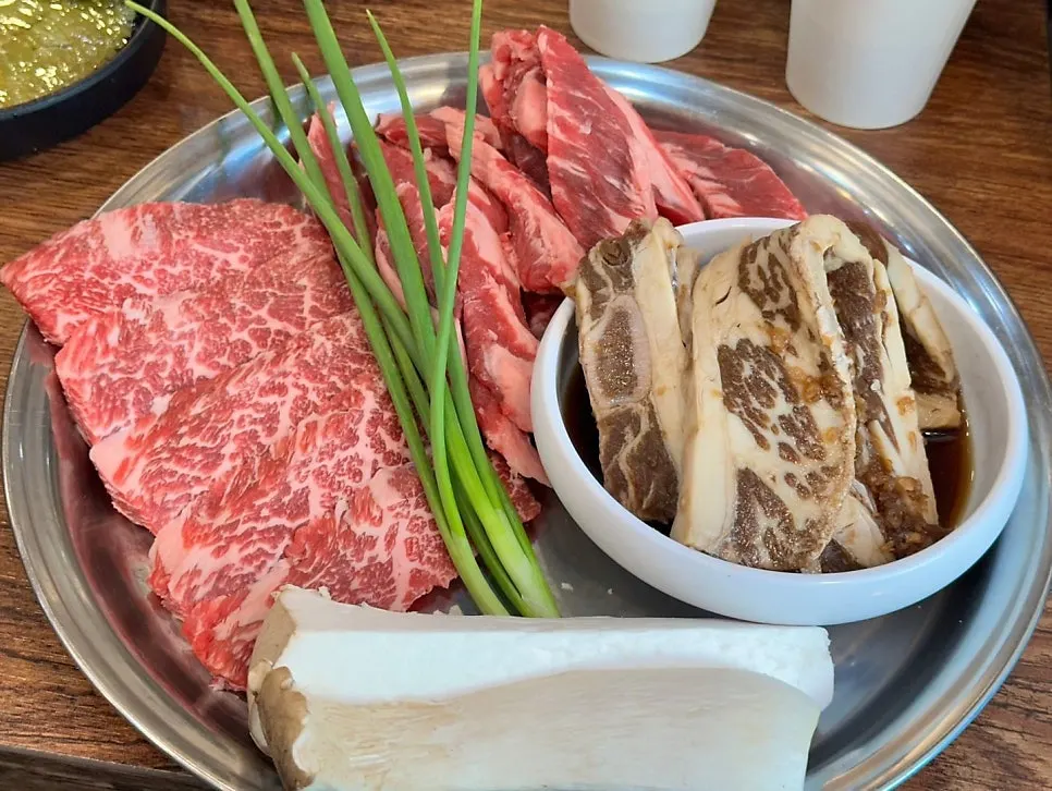 A plate of raw beef served for grilling