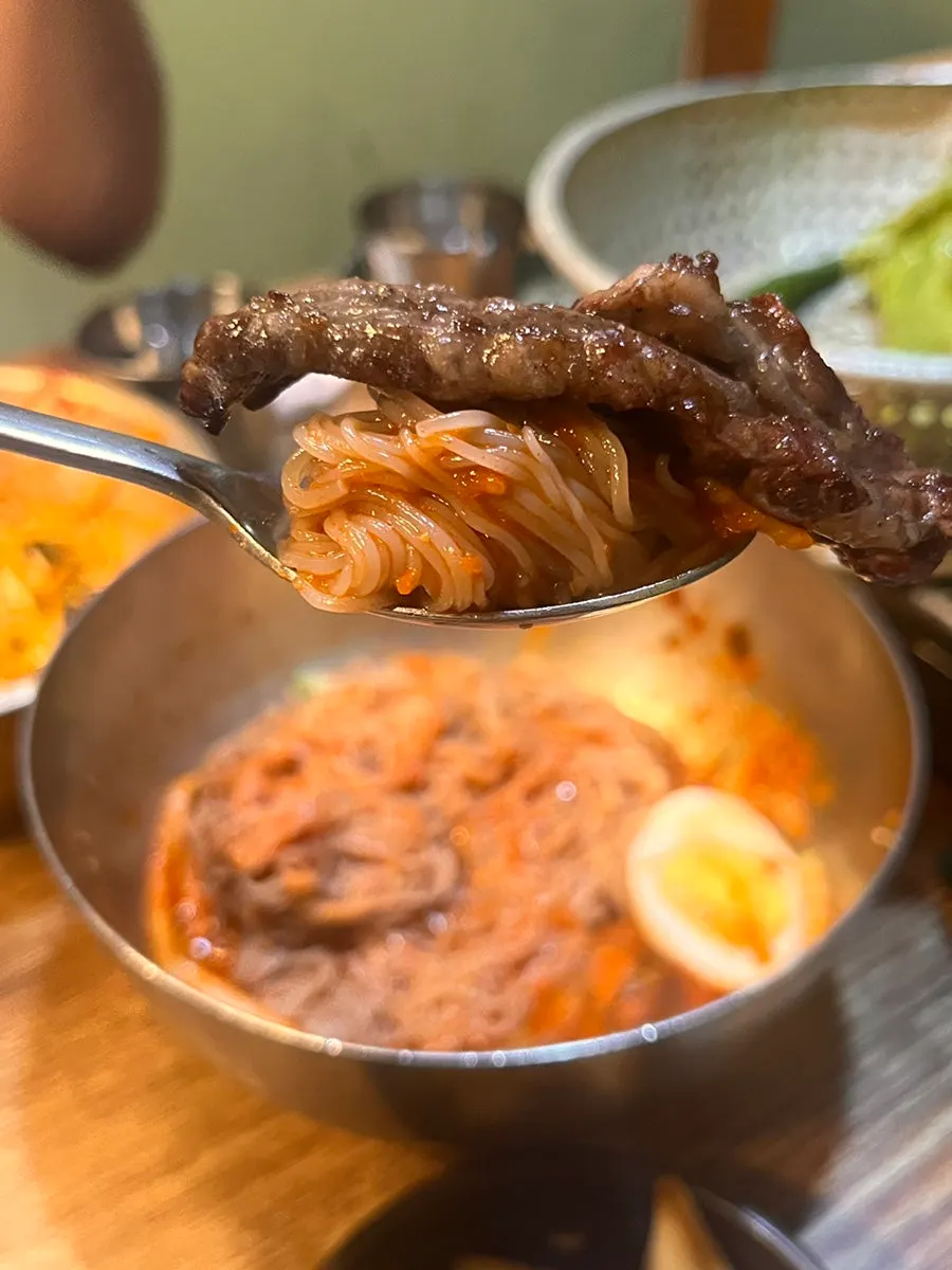 Bibim naengmyeon topped with egg