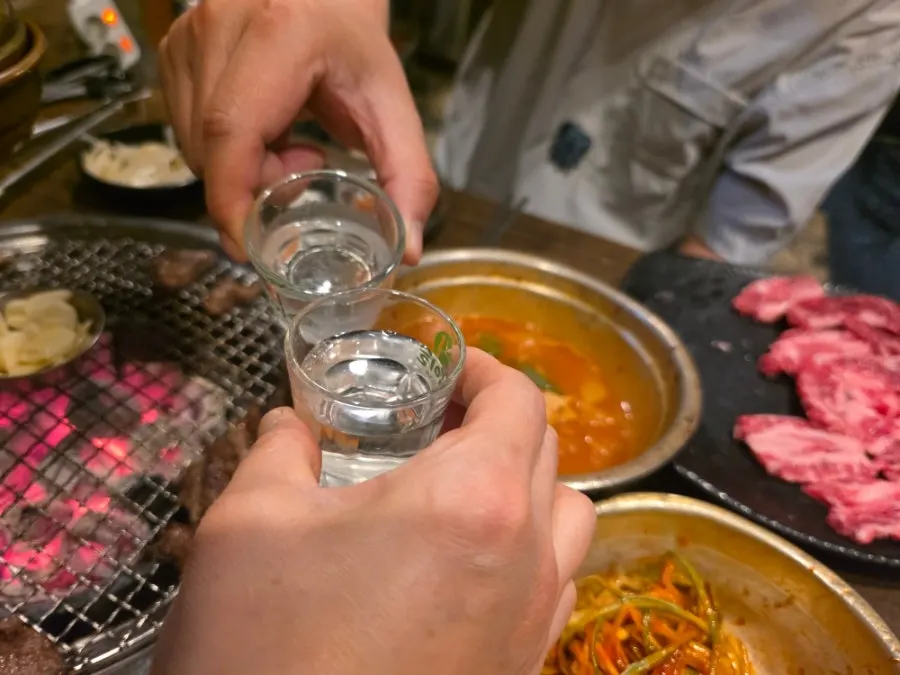Charcoal-grilled Galbisal with a glass of soju
