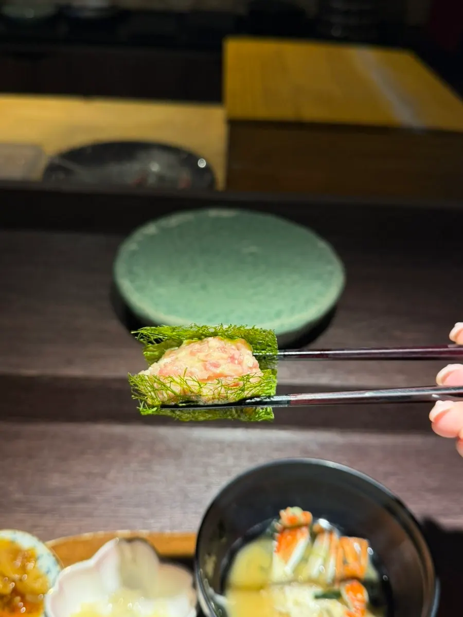 Close-up of a piece of sushi at Danya