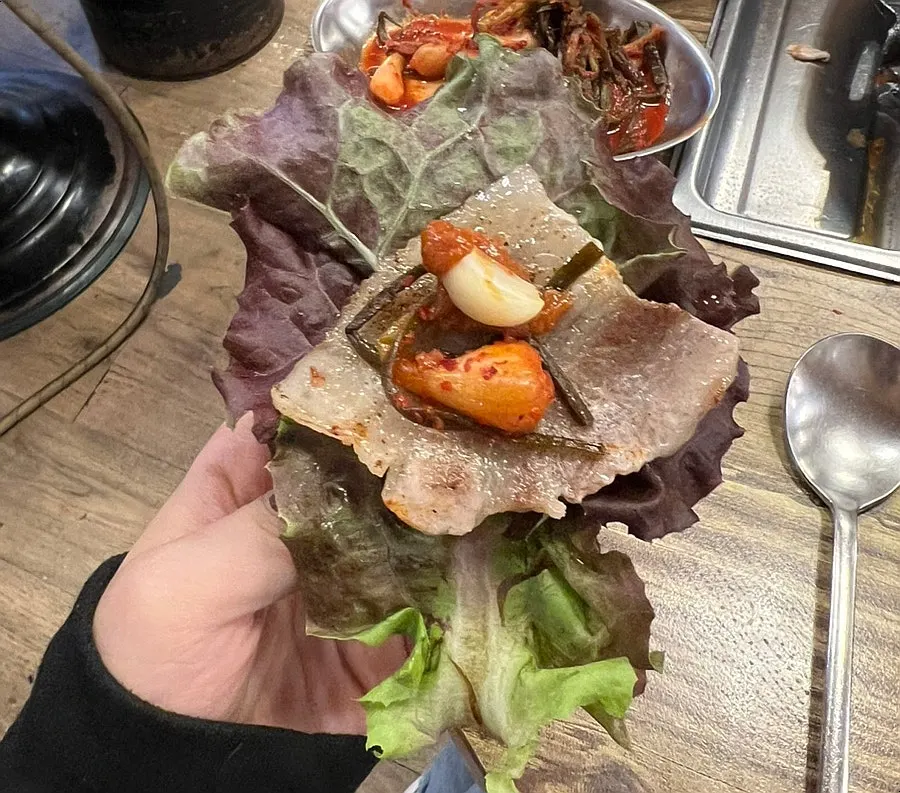 Mapo Gui Madang naengsam wrapped in lettuce