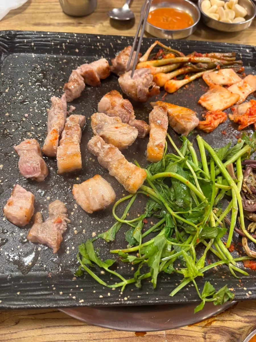 Full table spread with the meat