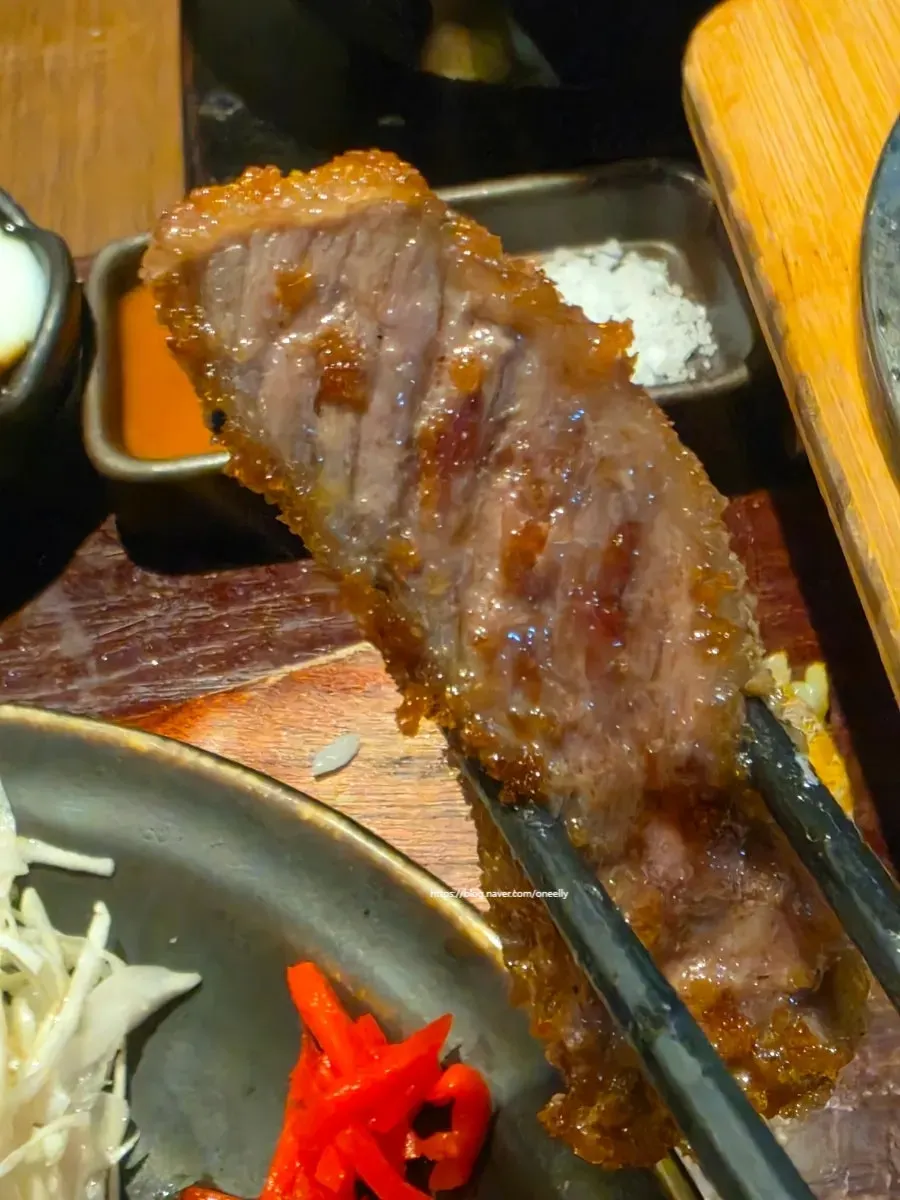 Cross-section of the 20-hour aged striploin smoked gyukatsu