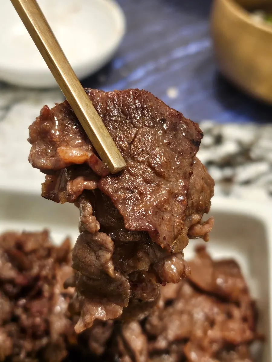 Charcoal-grilled seasoned beef on the grill