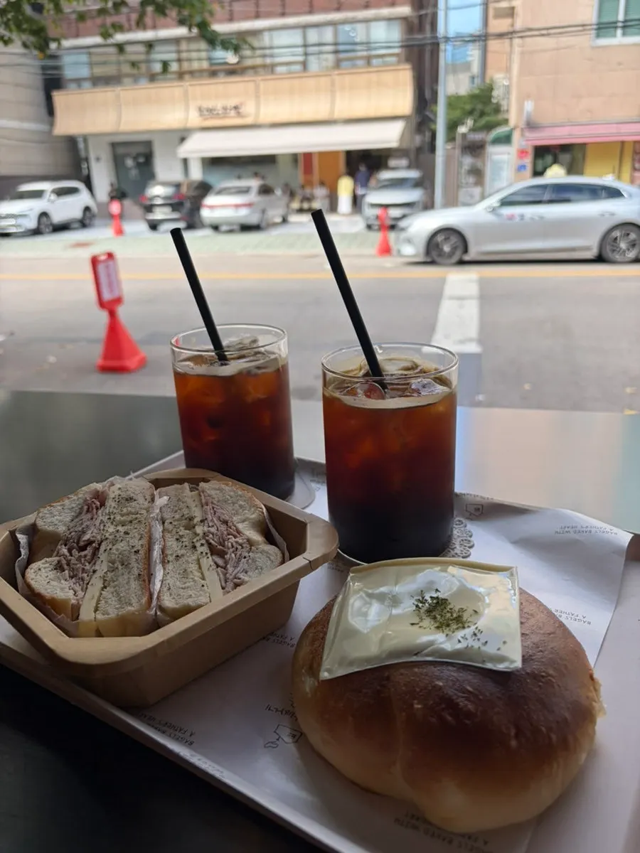 Close-up of the two ordered bagels