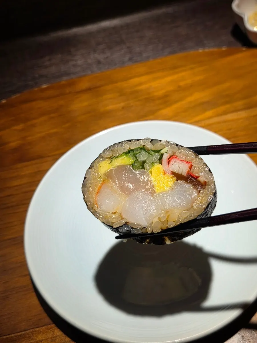 Futomaki roll filled with fried shrimp
