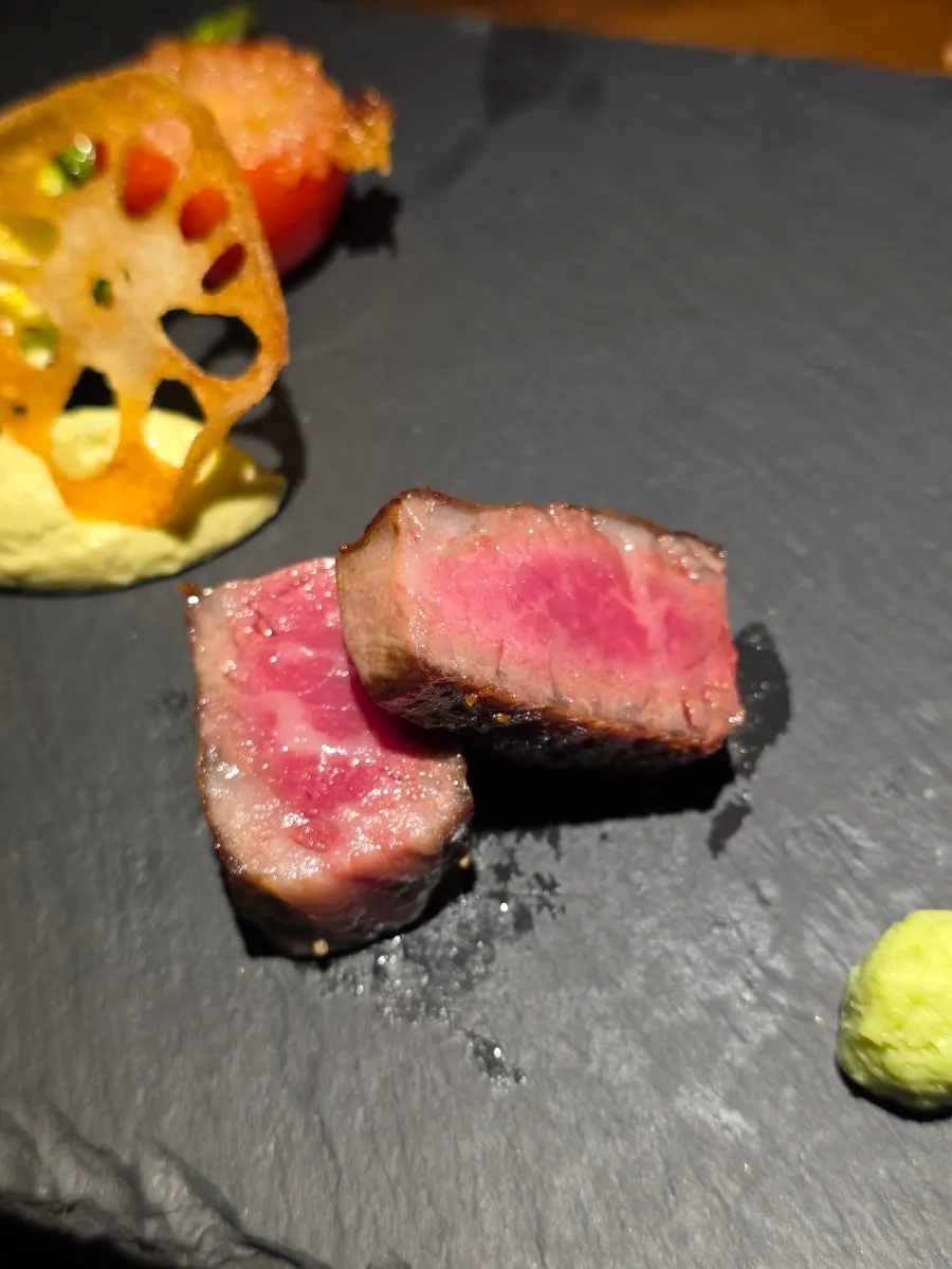 Hanwoo striploin steak with basil cream cheese sauce