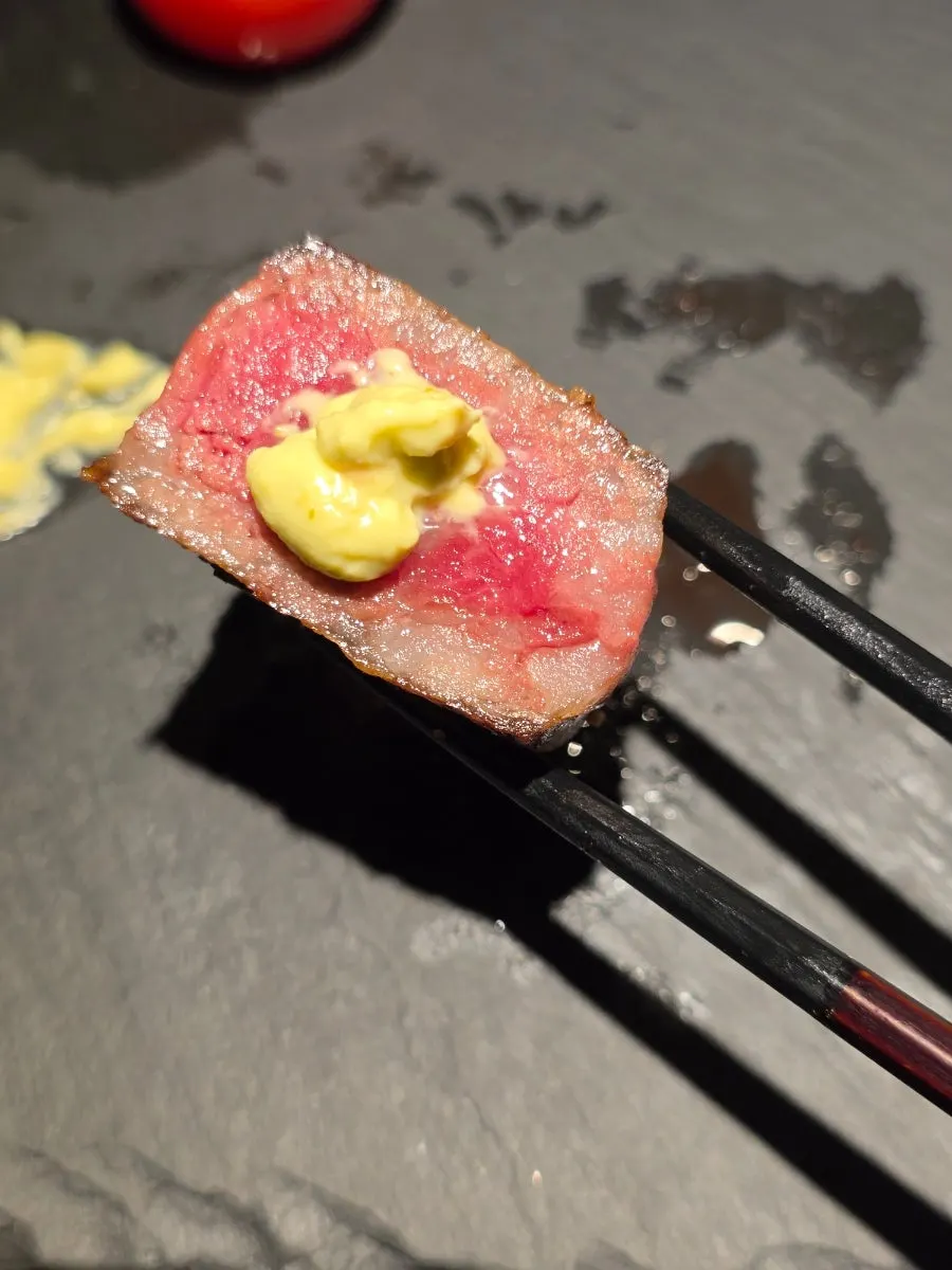 Cross-section of the medium-rare striploin