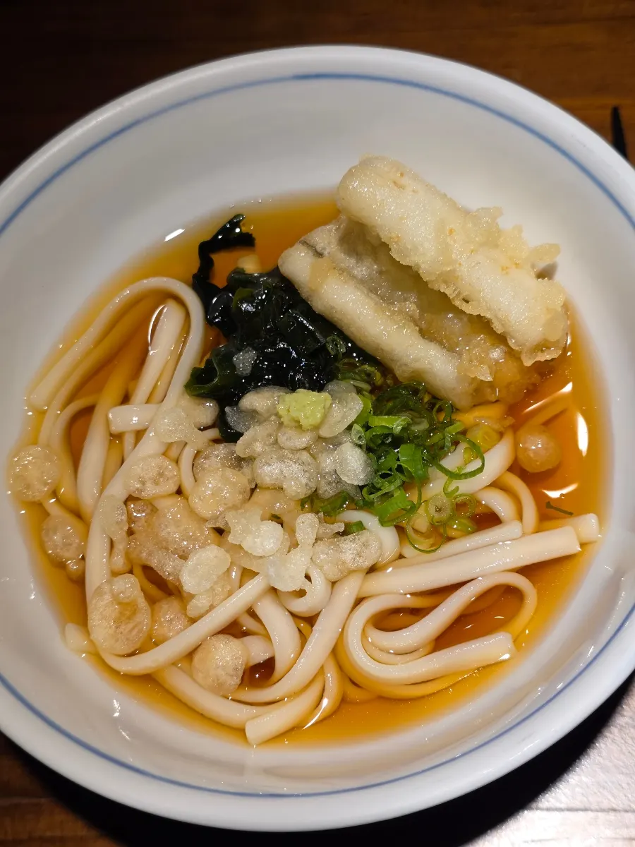 Cold udon topped with fried anago