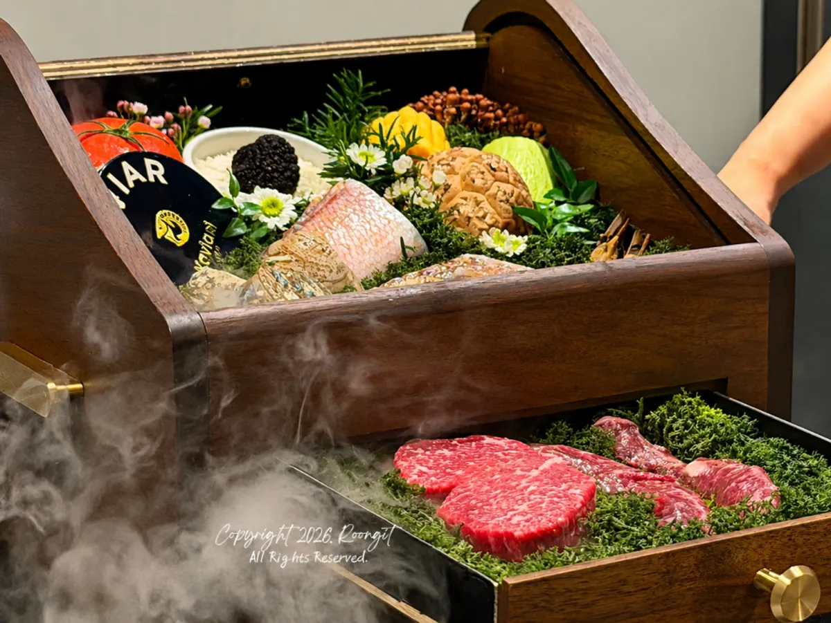 Well-marbled hanwoo and fresh seafood ingredients on display