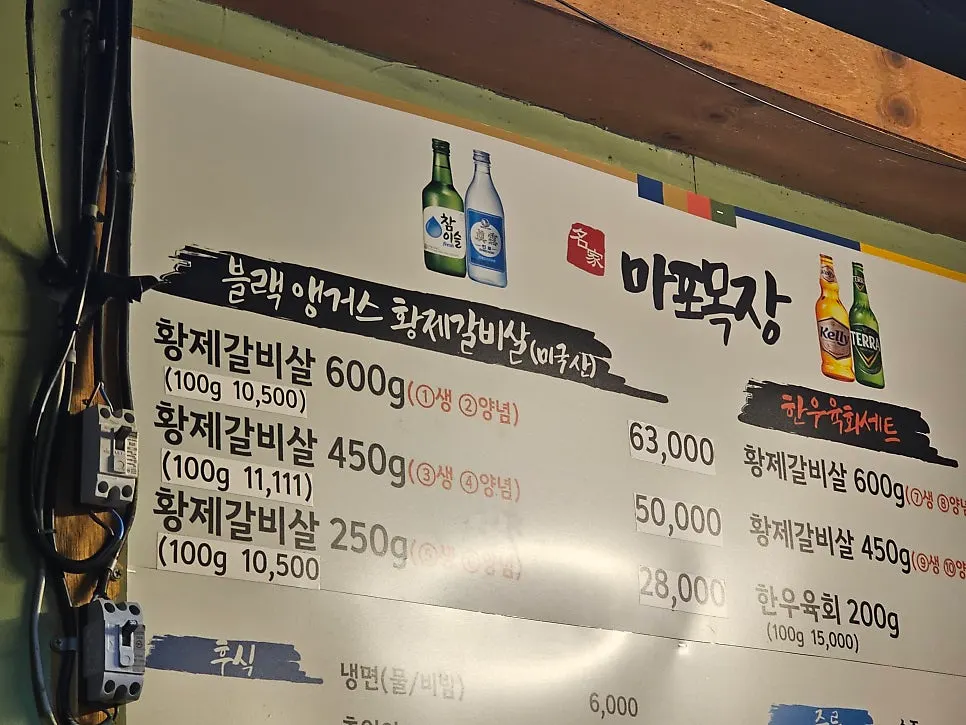 Menu board showing hwangje-galbisal prices by weight