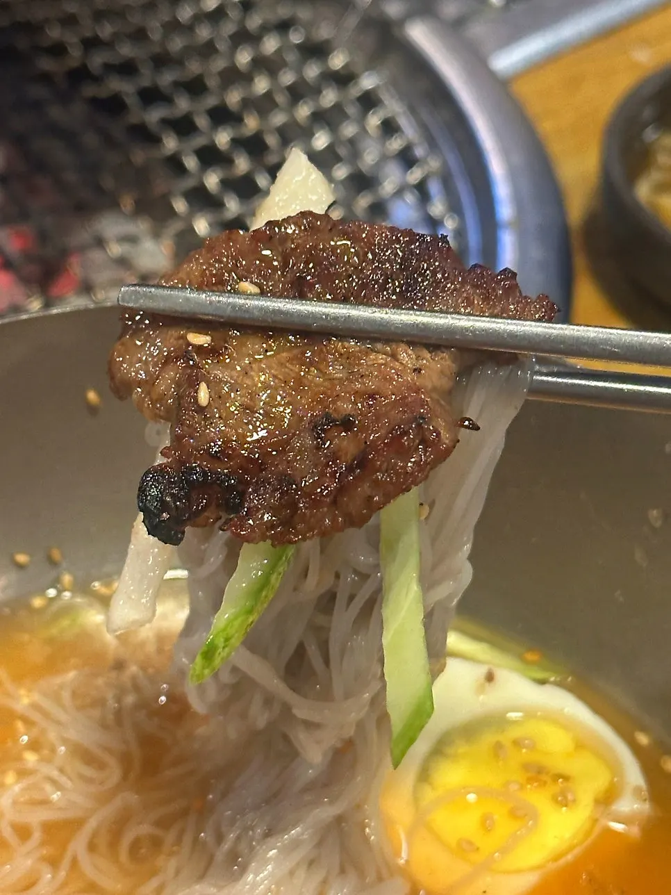 Cold noodles eaten alongside marinated ribs
