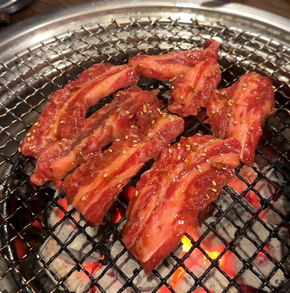 Close-up of beef ribs on the grill at Mapo Mokjang