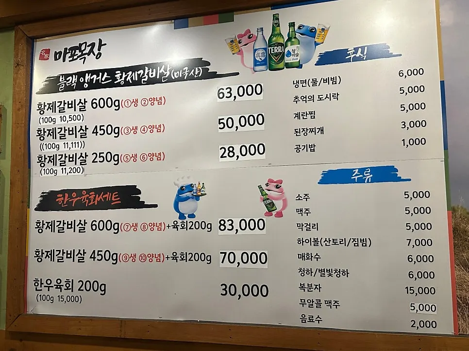 Mapo Mokjang menu board listing hwangje galbisal by the gram