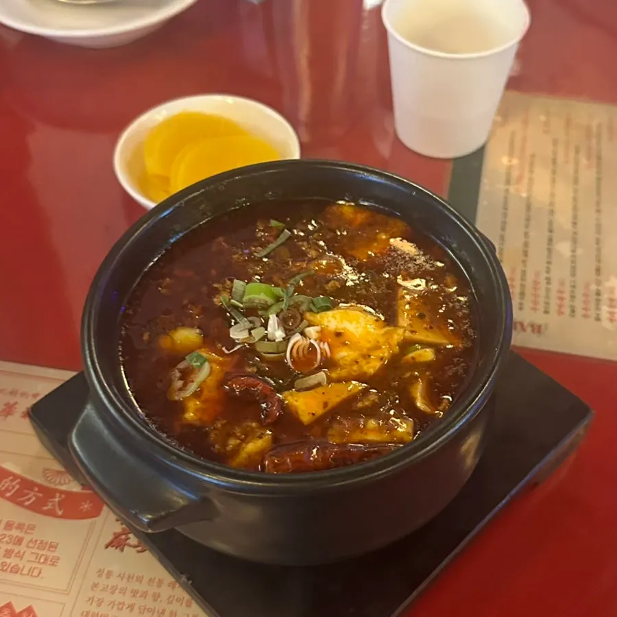 Mapo tofu eaten with a bowl of rice