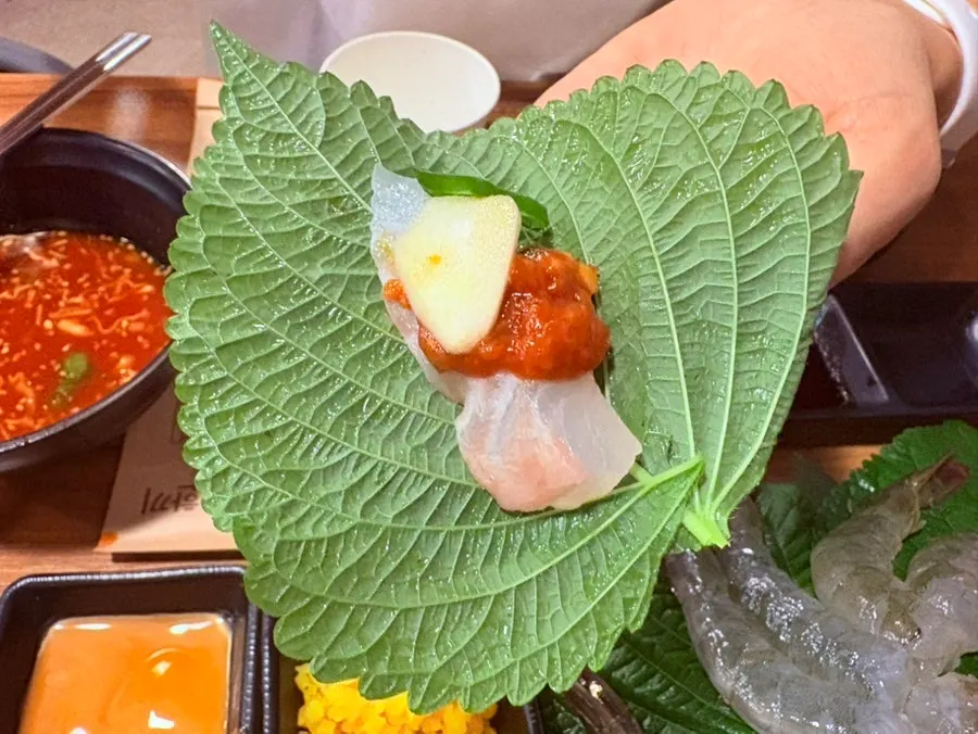 Flounder sashimi with wasabi soy sauce
