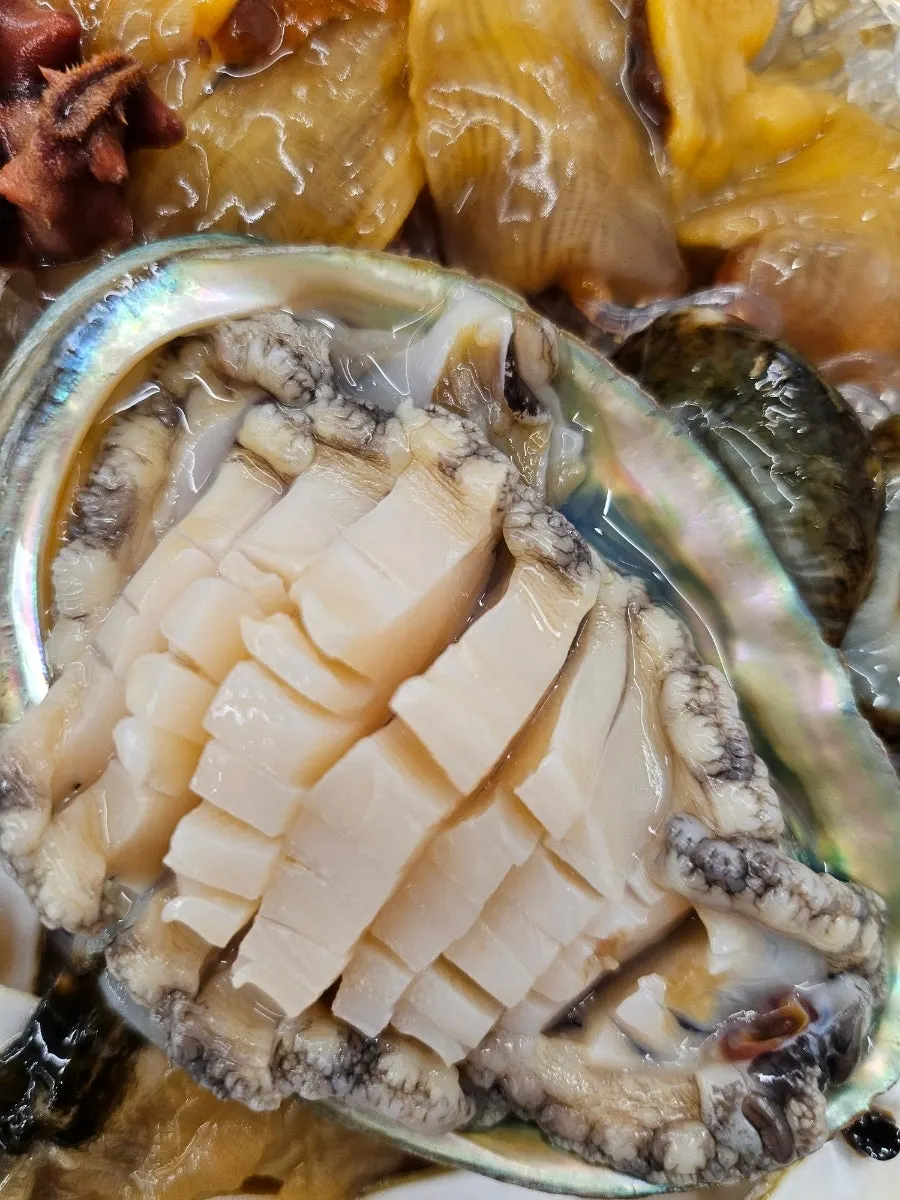Assorted seafood platter with sea cucumber, scallop, abalone, and sea squirt