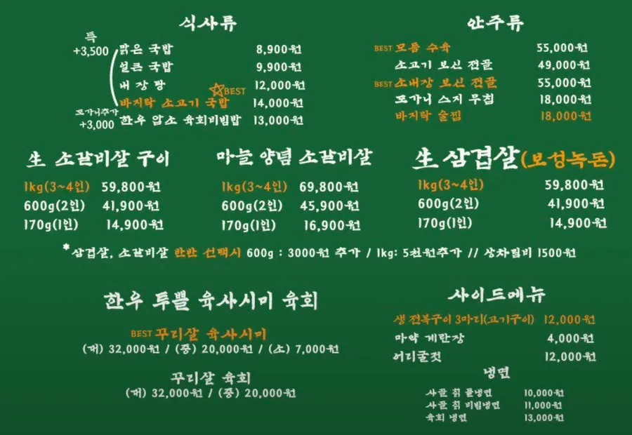 우시장회관 세트 메뉴 안내판