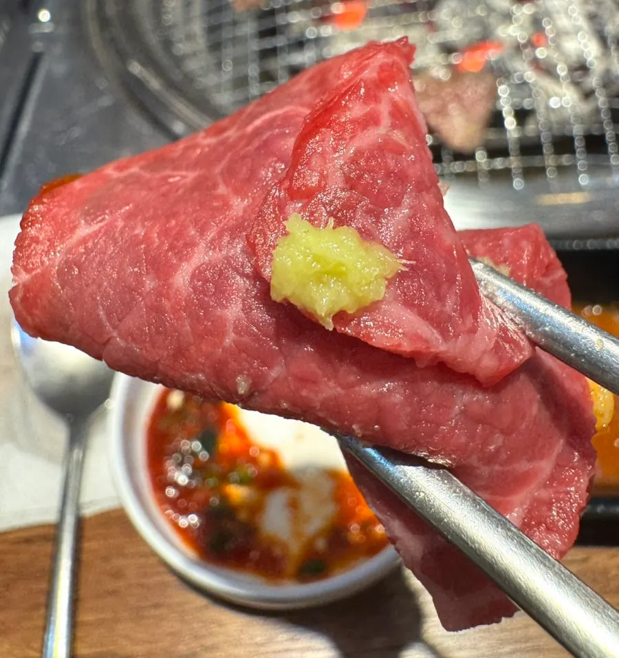 기름장에 찍은 육사시미 한 점
