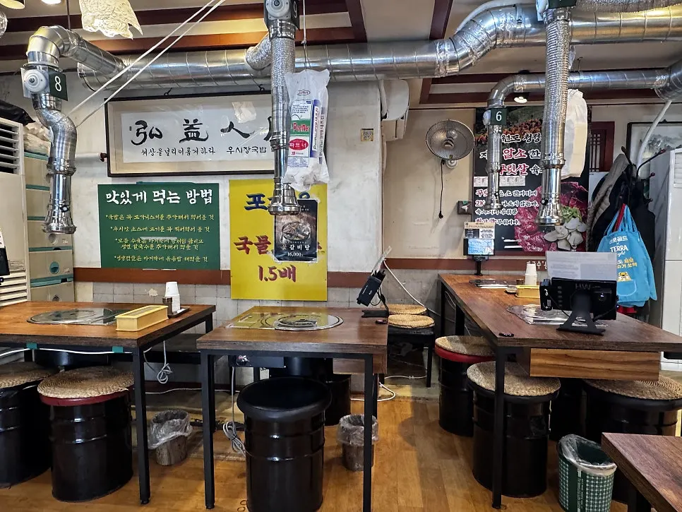 A grilling table at Usijang Hoegwan with an overhead hood
