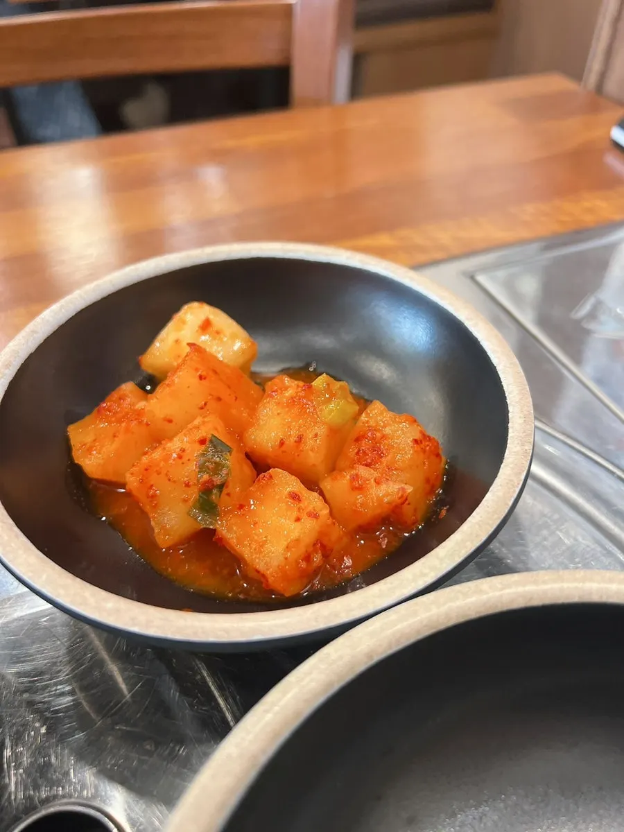 Close-up of the kimchi and kkakdugi