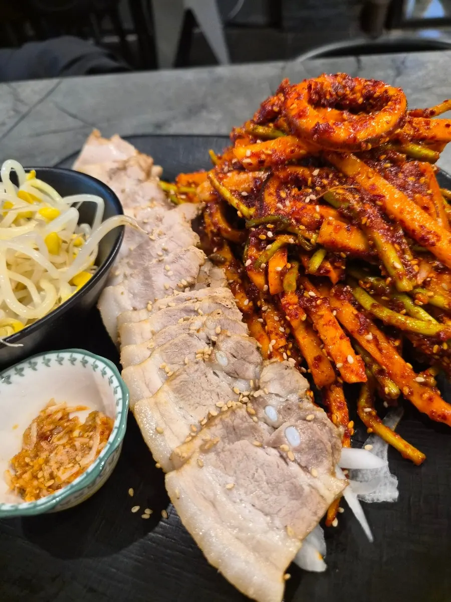 Close-up of tangy spicy vinegared squid salad