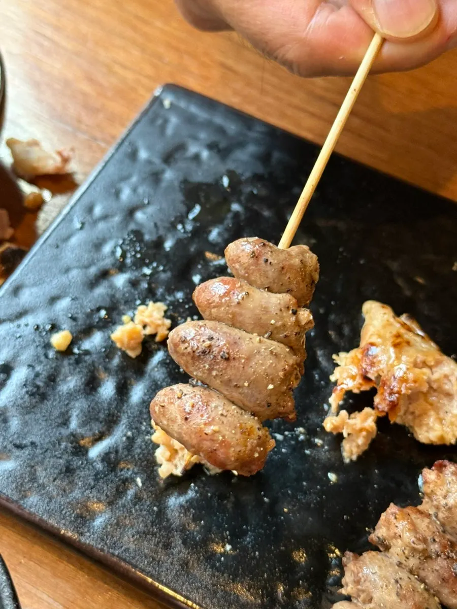 Chicken skewer golden on the outside, moist inside