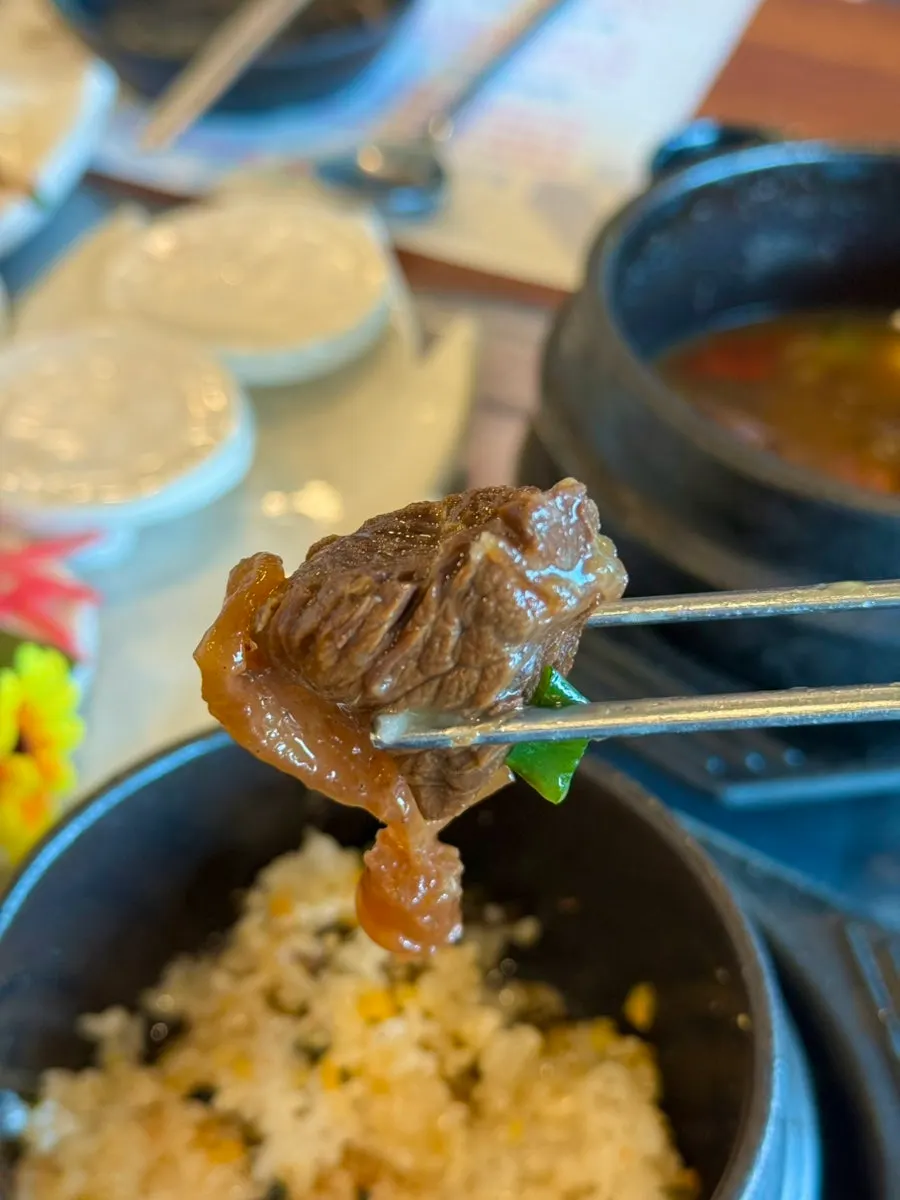 Horse meat galbijjim with meat separating from the bone