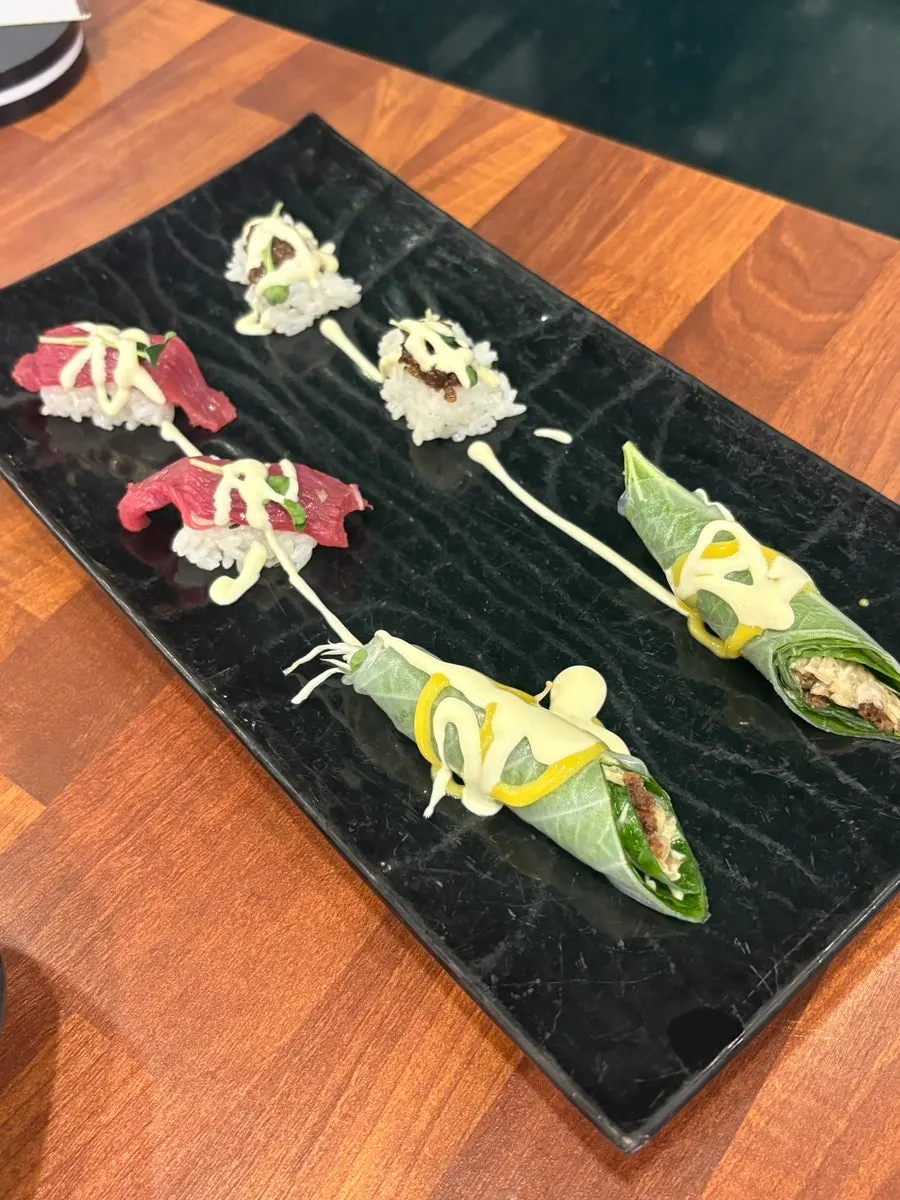 Horse sushi topped with thinly sliced horse meat