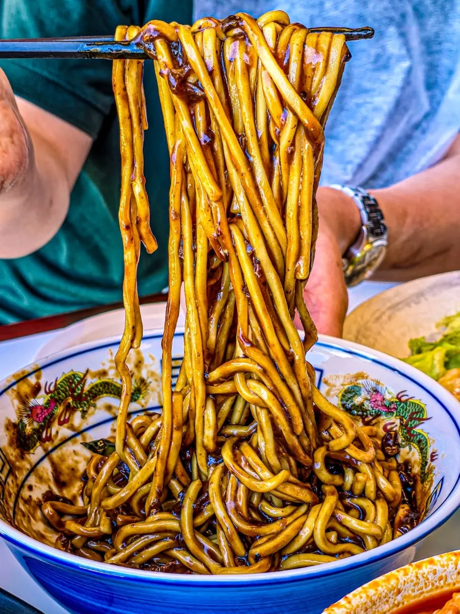 Close-up of the thick jjajangmyeon noodles