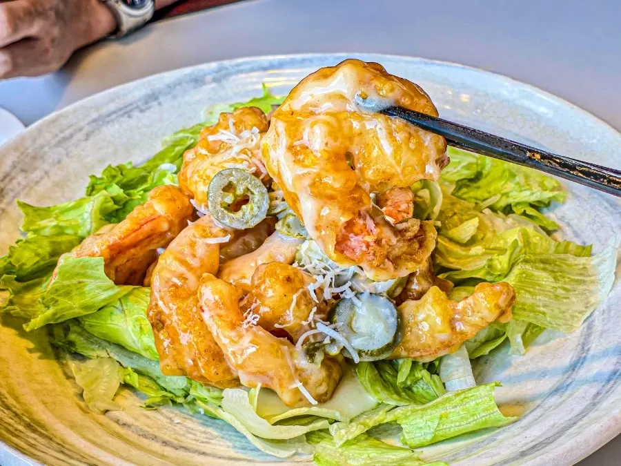Close-up of the cream shrimp's thick crispy batter