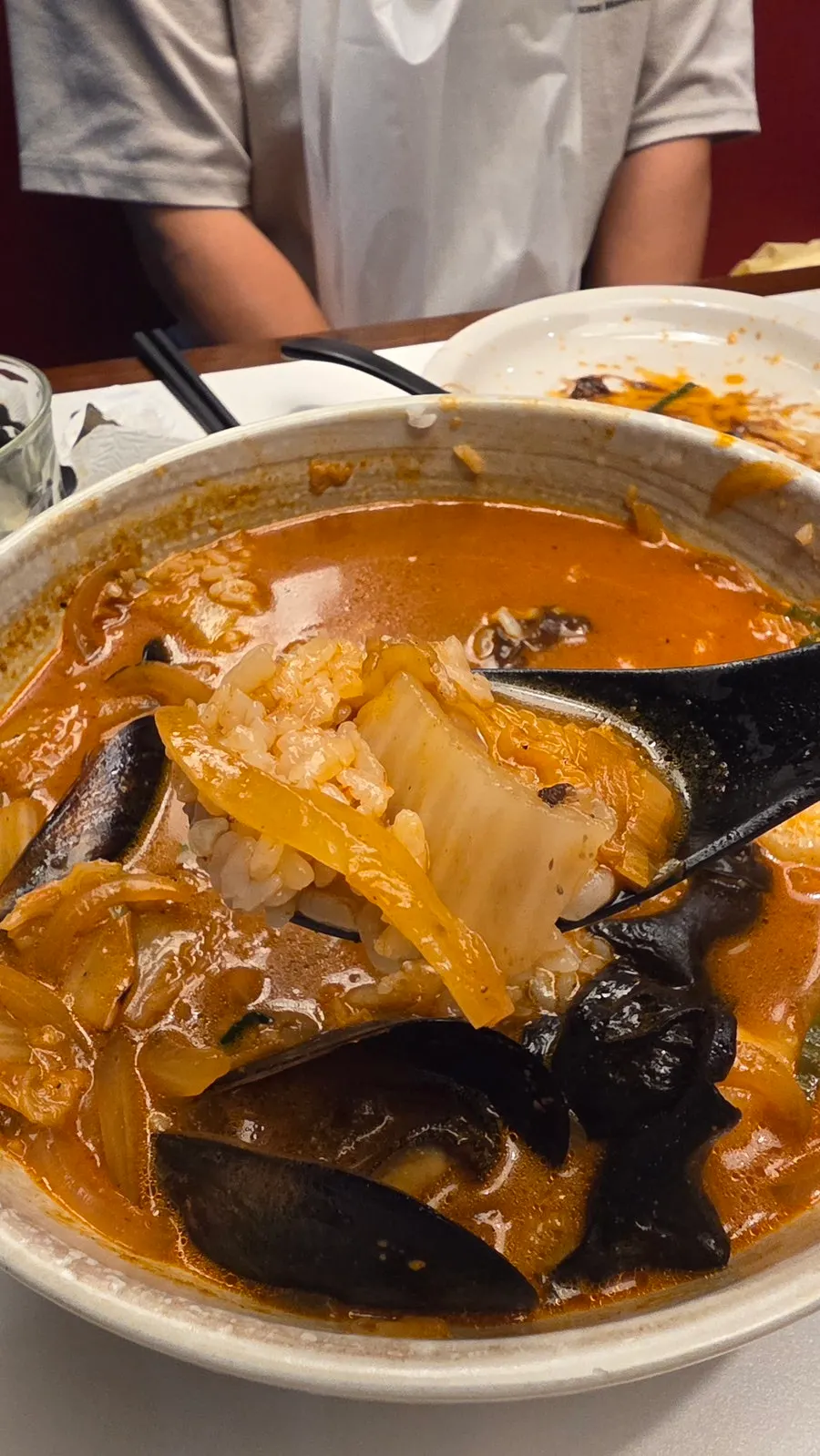 Close-up of the rich broth in the seafood jjamppong rice