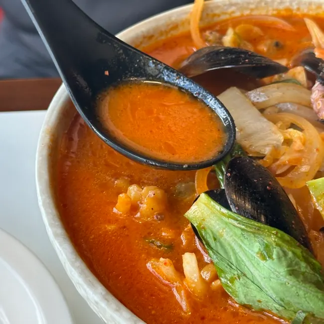 Seafood jjamppong with red spicy broth