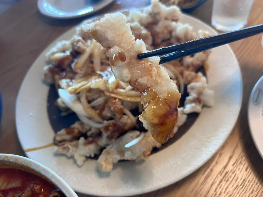 Meal served with black-vinegar pork loin tangsuyuk