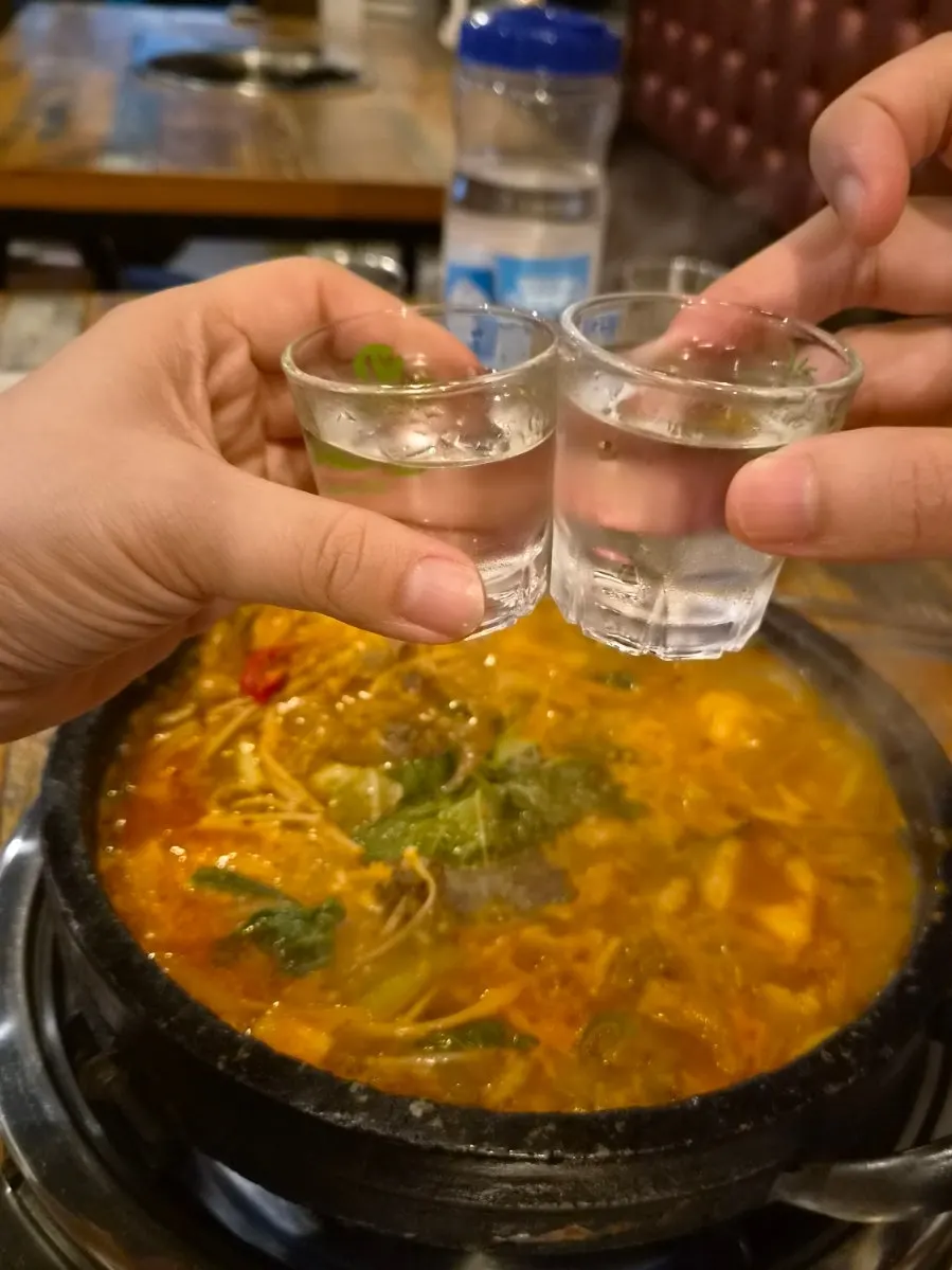 A shot of soju alongside the tripe hotpot
