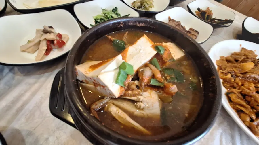 Seafood doenjang jjigae with tofu and crab
