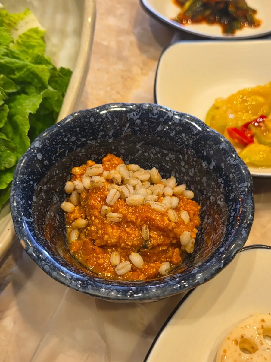 A ssambap wrap with ssamjang added