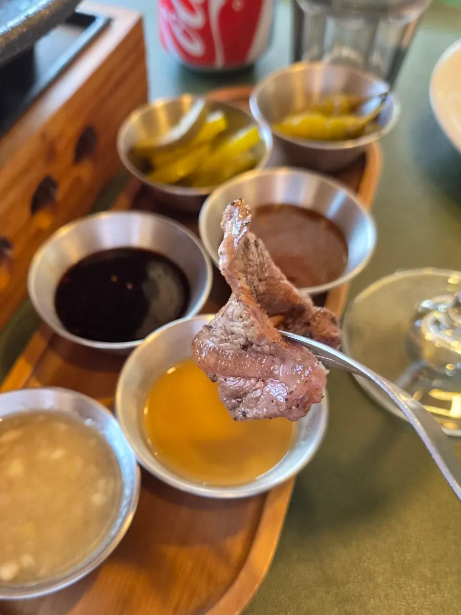 A piece of charcoal-grilled meat dipped in sauce
