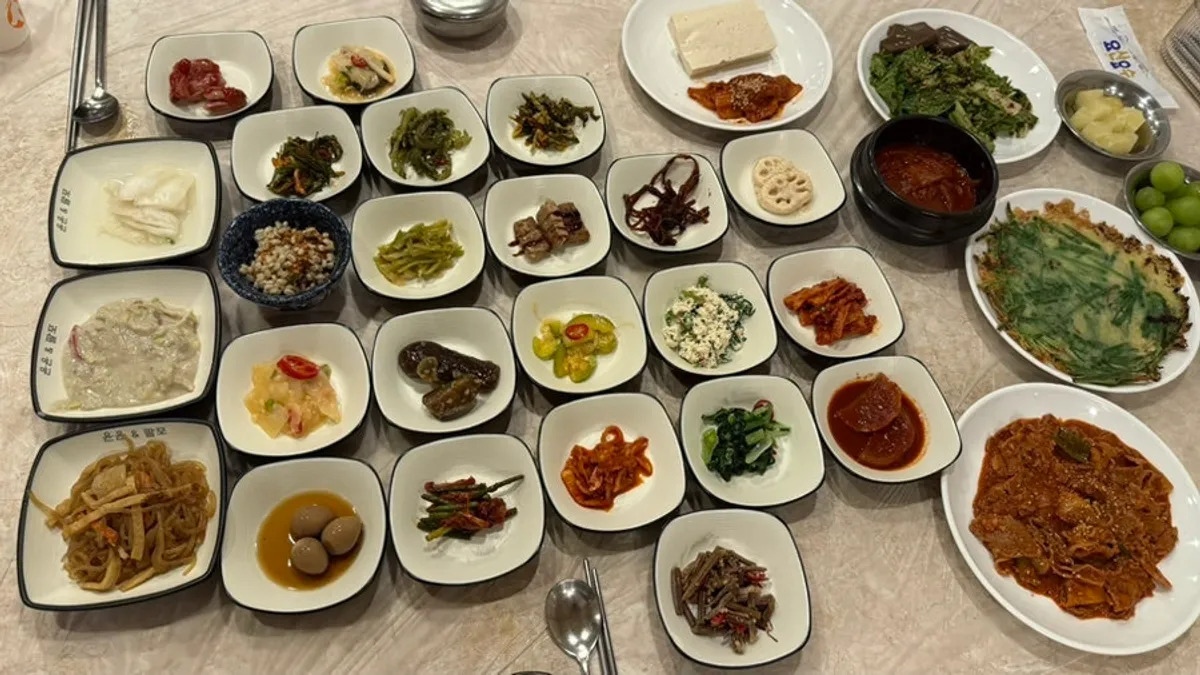Korean set meal spread with numerous side dishes