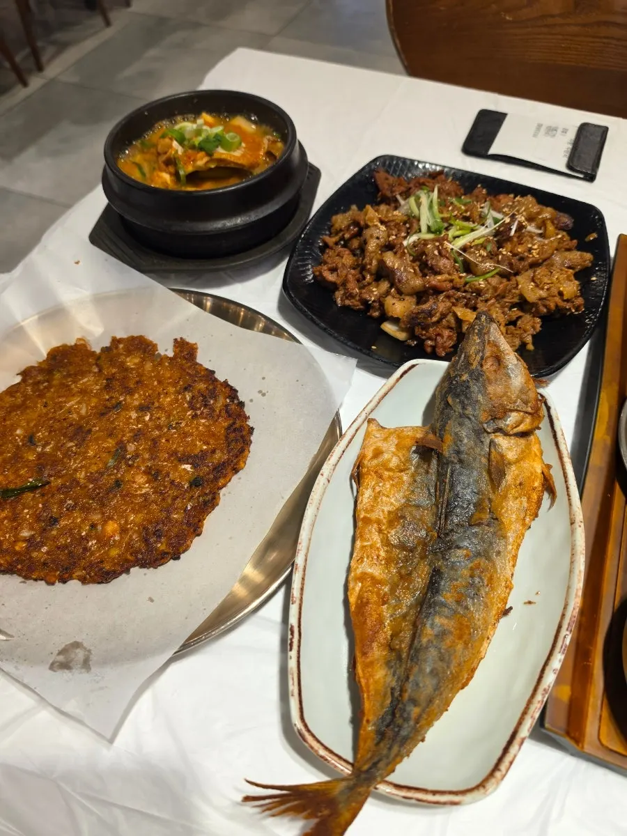 Grilled bulgogi set table packed with side dishes