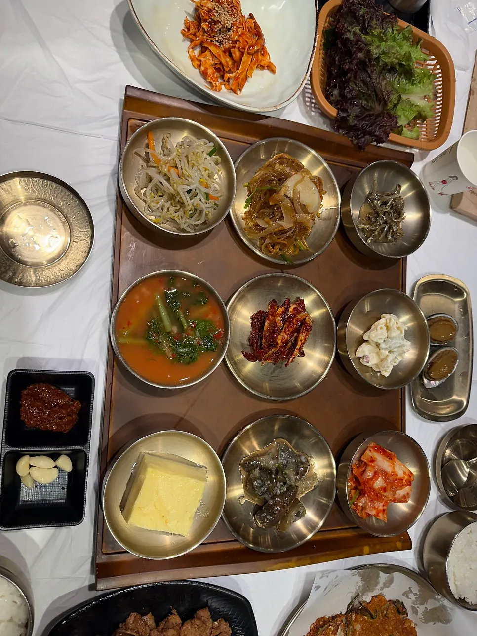 Doenjang-jjigae and Korean set-meal spread