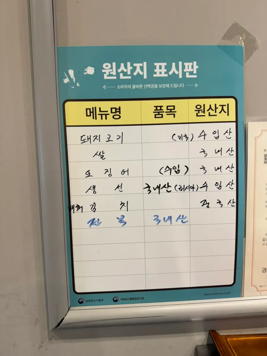 Yun Sikdang's ingredient origin board